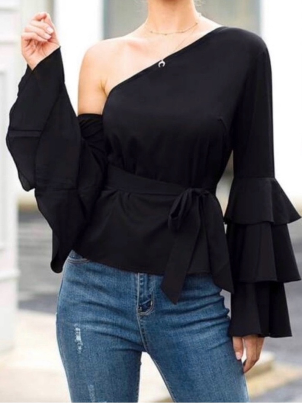 VENUS One-Shoulder Black Ruffle Sleeve Tie-Waist Top